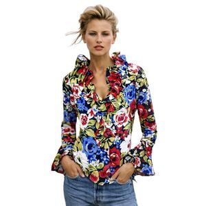 1990's Floral Print Ruffled Blouse